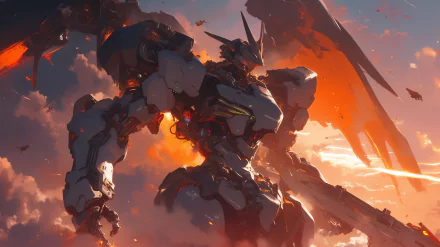 A stunning HD anime wallpaper featuring a powerful Gundam mech against a dramatic sunset backdrop, showcasing intricate details and vibrant colors.