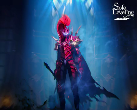 Video game HD PC wallpaper of Igris from Solo Leveling: ARISE — armored red spectral warrior with glowing purple eyes and sword, standing in blue-lit ruins.