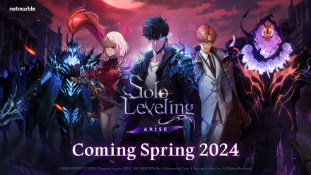 HD PC desktop wallpaper featuring characters from the video game Solo Leveling: ARISE, including Igris, set against a dramatic red and purple sky, promoting its Spring 2024 release.