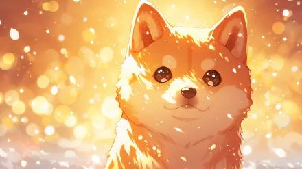 HD desktop wallpaper featuring a cute, kawaii-style puppy with a warm, sparkling background.