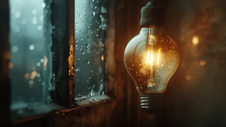 HD wallpaper of a glowing light bulb by a rainy window, providing a warm, atmospheric background for desktops.
