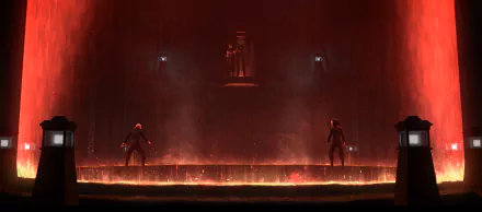 HD wallpaper featuring a dramatic scene from Star Wars: Tales of the Empire, showcasing silhouettes of characters against a backdrop of red-lit mist and a fiery platform.