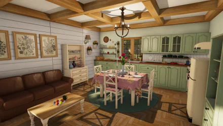 HD wallpaper showing a beautifully renovated kitchen and dining area from House Flipper 2, highlighting cozy interior design and gaming aesthetics.