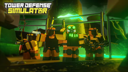 HD desktop wallpaper featuring Roblox Tower Defense Simulator game characters and logo.