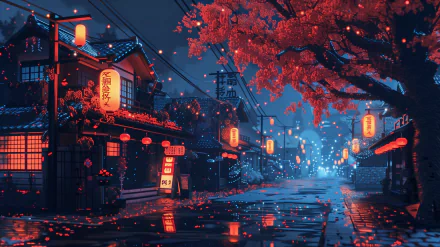 A vibrant nighttime scene in Japan, featuring illuminated traditional buildings, glowing lanterns, and cherry blossoms, capturing the essence of Japan House and AI art in stunning detail.
