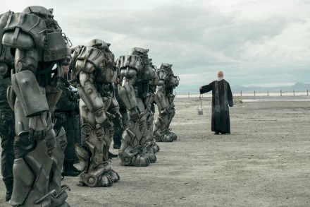 A scene from the TV show Fallout featuring a line of characters in heavy power armor standing alongside a solitary figure in a long coat, set in a desolate landscape, providing a dramatic backdrop for a desktop wallpaper.