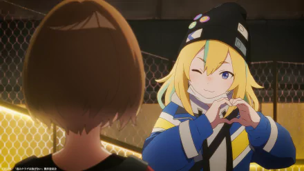 Anime characters from Jellyfish Can't Swim in the Night, one smiling and gesturing a heart, for an HD desktop wallpaper.