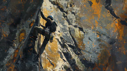 A rock climber in a helmet and harness ascends a steep, textured cliff face with a rope and backpack, depicted in a high-definition desktop wallpaper with vivid orange and gray tones.