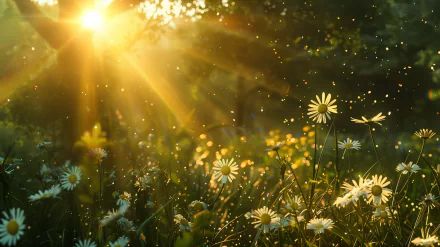 HD desktop wallpaper of a sunny day with sunbeams shining through a field of daisies, creating a warm and vibrant background.