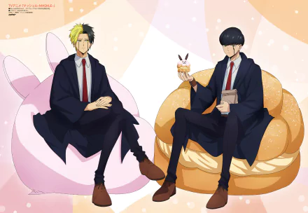 HD PC desktop wallpaper featuring Mash Burnedead and Rayne Ames from the anime Mashle: Magic and Muscles, sitting on playful, oversized beanbag chairs.