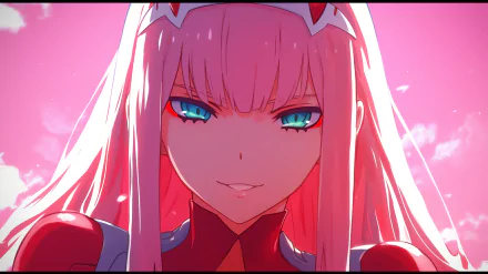 Anime character Zero Two from Darling in the FranXX with pink hair and blue eyes, set against a pink sky, featured in a desktop wallpaper.