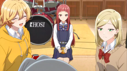 HD anime wallpaper from Whisper Me a Love Song featuring three characters - one smiling broadly, another with a neutral expression, and a third looking pensive, with a drum set labeled 'EHOSI' in the background.