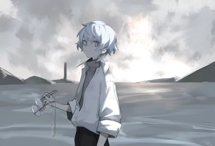 HD wallpaper of an anime character from The New Gate standing in a desolate landscape with cloudy skies in the background.