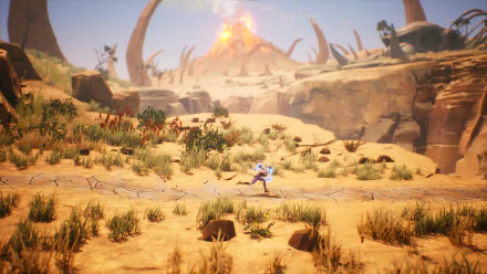 HD desktop wallpaper from the video game Tales Of Kenzera: Zau, featuring a character running through a desert landscape with large bones and an explosion in the background.