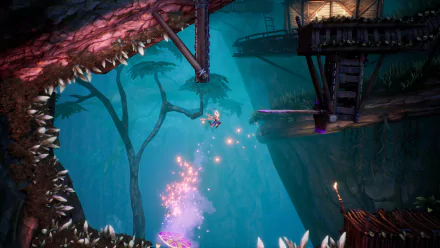 HD wallpaper from the video game 'Tales Of Kenzera: Zau' featuring a mystical forest environment with a character navigating through vibrant flora and precarious platforms.