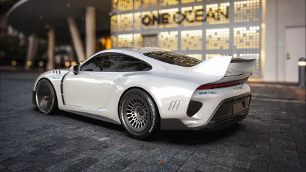 A white Rezvani Retro RR1 car parked in front of a building with ONE OCEAN signage, serving as an HD desktop wallpaper.