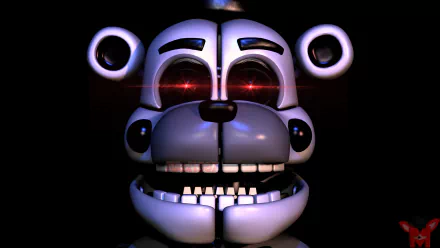 Close-up of an animatronic with red glowing eyes from Five Nights at Freddy's: Sister Location (Five Nights at Freddy's), grinning in darkness — 4K Ultra HD PC desktop wallpaper/background.