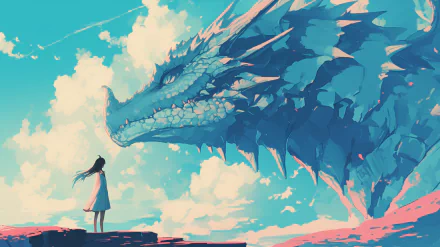 HD anime-style wallpaper featuring an anime girl standing before a large, majestic blue dragon under a sky with fluffy white clouds.
