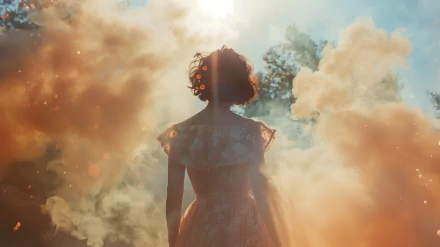 A woman in a summer dress standing with her back to the camera, surrounded by swirling clouds of smoke or mist, with sunlight filtering through, in a high-definition desktop wallpaper setting.