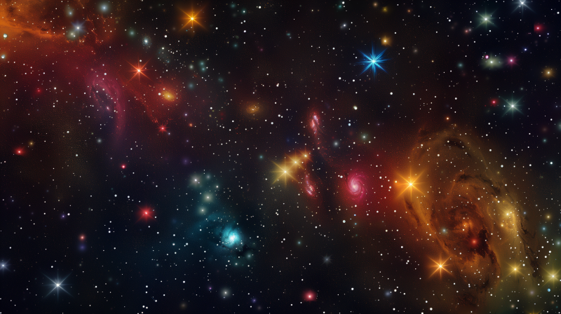 {{ A vibrant HD desktop wallpaper featuring a colorful space scene with stars and constellations against a rich cosmic backdrop. 