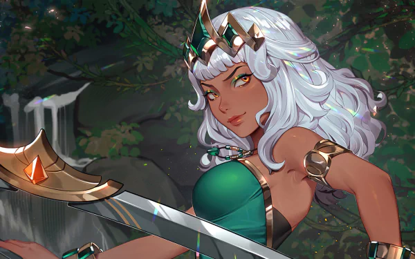 HD wallpaper of Qiyana from League of Legends posing with her weapon in a lush forest background.