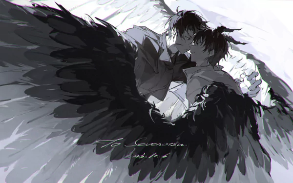 A striking HD wallpaper featuring Kim Dokja from Omniscient Reader's Viewpoint, showcasing two figures entwined with black wings in a dramatic, monochrome style.