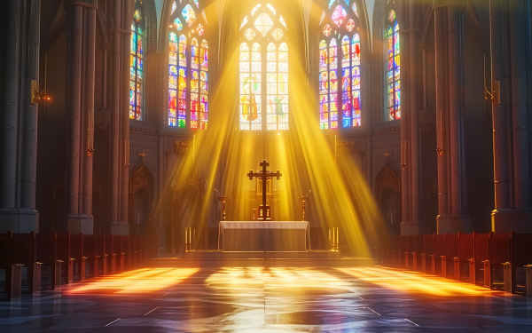 Sunlight streaming through stained glass windows illuminates the altar inside a church, showcasing religious architecture, perfect for HD faith-themed desktop wallpaper and background.