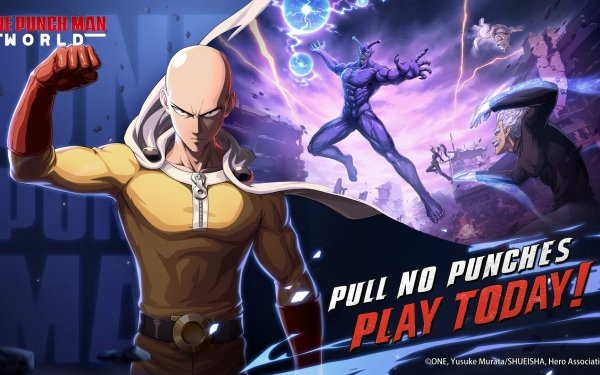 One Punch Man World video game HD wallpaper featuring the bald superhero protagonist in a dynamic pose with the tagline 'Pull No Punches - Play Today!'