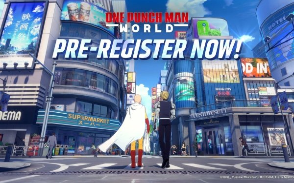 HD desktop wallpaper featuring 'One Punch Man World' video game promotion with a character standing in a vibrant cityscape, inviting users to pre-register now.