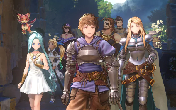 HD wallpaper of Granblue Fantasy: Relink featuring key characters posed heroically in a fantasy setting.