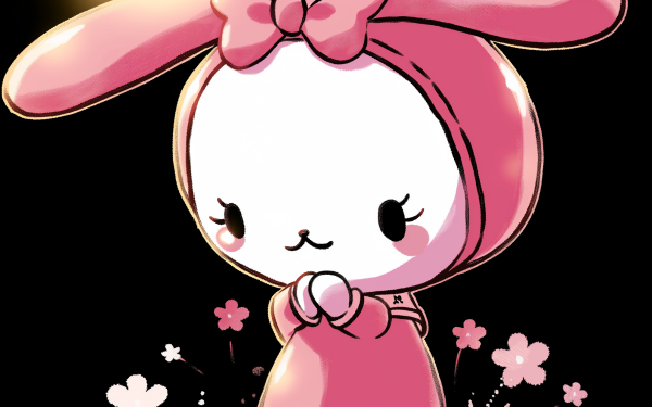 My Melody from Sanrio in a HD desktop wallpaper with a cute, pink design and floral accents.