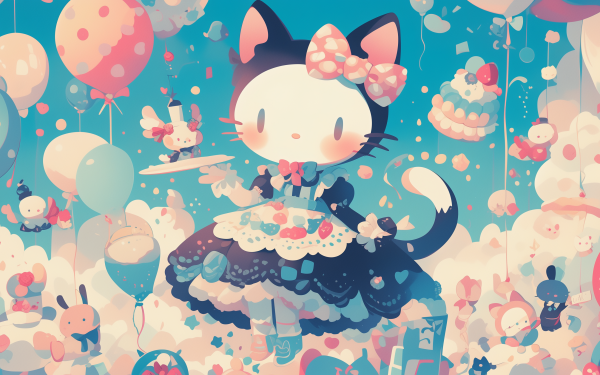 HD Hello Kitty desktop wallpaper featuring the iconic Sanrio character in a whimsical, pastel balloon-filled setting ideal for a charming background.