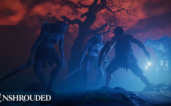 HD wallpaper featuring a mystical scene from the video game Enshrouded with silhouetted figures and a haunting tree against a red sky background.