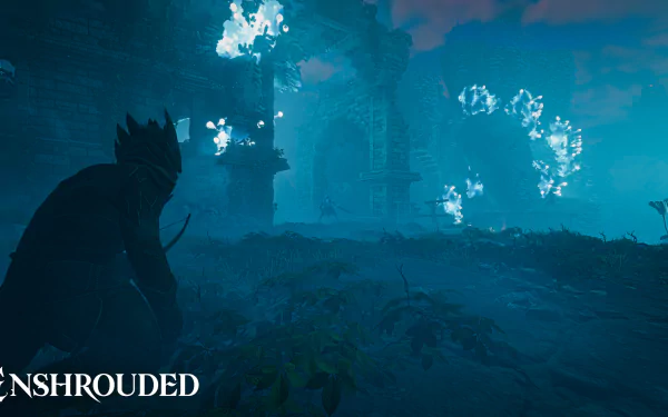 HD desktop wallpaper featuring a mystical scene from the video game Enshrouded with a character observing glowing particles amidst ancient ruins.