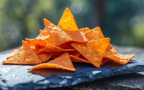 HD wallpaper of a pile of crunchy Doritos chips on a slate surface with a bokeh background.