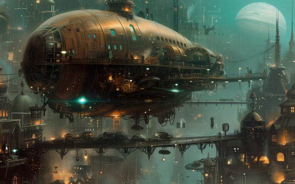 Steampunk airship with retro-futuristic cityscape HD desktop wallpaper and background.
