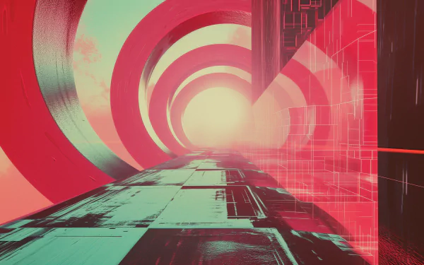 Retro-futuristic HD wallpaper featuring a sci-fi tunnel with red and teal hues for a desktop background.