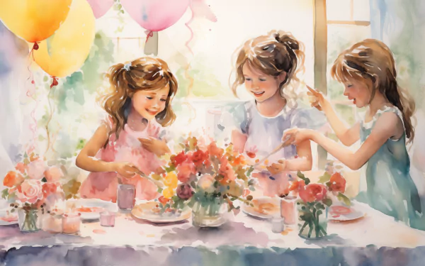 HD wallpaper of a whimsical watercolor illustration featuring three children enjoying a birthday party with balloons and a table adorned with flowers.