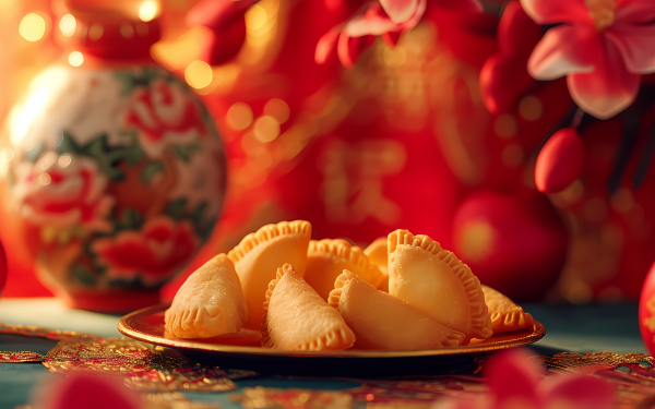 A vibrant HD desktop wallpaper featuring a plate of fortune cookies on a decorative Asian-themed table, with a traditional vase and red flowers in the background, symbolizing luck and prosperity.