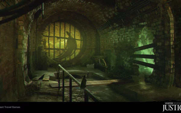 HD wallpaper of Vampire: The Masquerade - Justice video game featuring eerie underground tunnel scene.