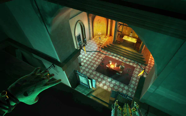 HD desktop wallpaper featuring a moody scene from Vampire: The Masquerade - Justice video game, showcasing a mysterious interior viewed from above.