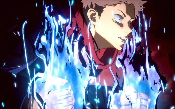 Jujutsu Kaisen Cursed Clash game character surrounded by dynamic blue energy flames, in high-definition wallpaper.