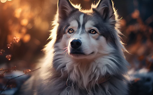 A majestic malamute gazes thoughtfully, surrounded by warm, golden light and natural scenery, making for a stunning HD desktop wallpaper and background.