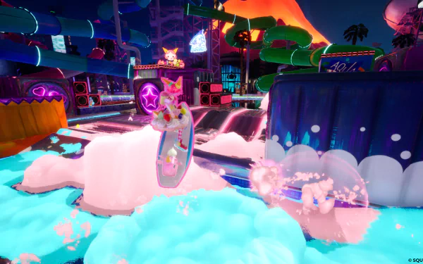 HD desktop wallpaper featuring Foamstars video game with vibrant neon setting and playful foam elements