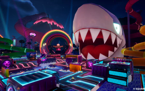 Vibrant and colorful HD desktop wallpaper from Foamstars video game featuring a whimsical fantasy landscape with a giant shark-like character under a neon-lit night sky.