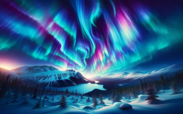 Stunning HD wallpaper featuring vibrant Northern Lights illuminating snowy mountains and a serene landscape, showcasing the beauty of the aurora borealis.