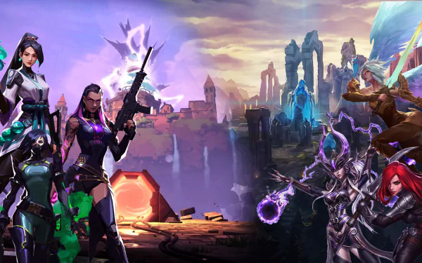  Purplish themed valorant and league of legends wallpaper. With female characters of both games.