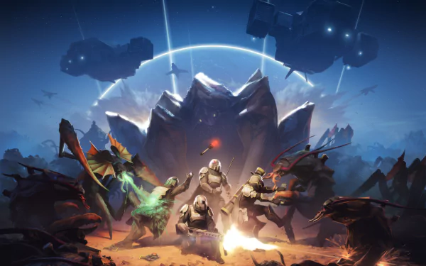HD wallpaper of Helldivers 2 featuring soldiers in combat on an alien planet.