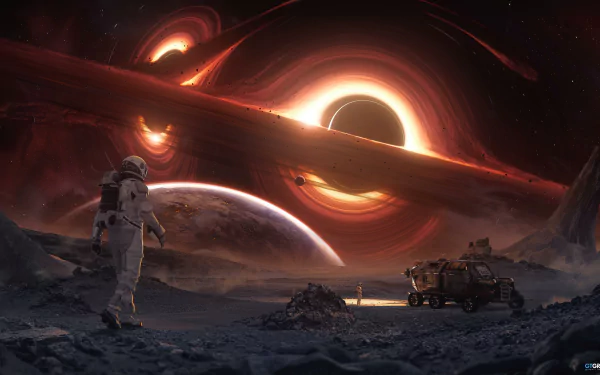 Sci-fi astronaut in planet landscape with a looming black hole. Vibrant HD desktop wallpaper capturing the intrigue of space exploration.