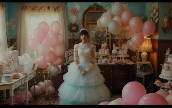 A whimsical bridal shower scene featuring a woman in a fluffy blue dress surrounded by pastel balloons and elegant decorations, set against a vintage-inspired backdrop.